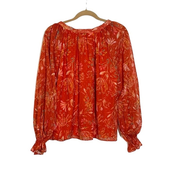 Aura Floral Blouse Autumn Red Orange Pleated Size Medium - Picture 2 of 7